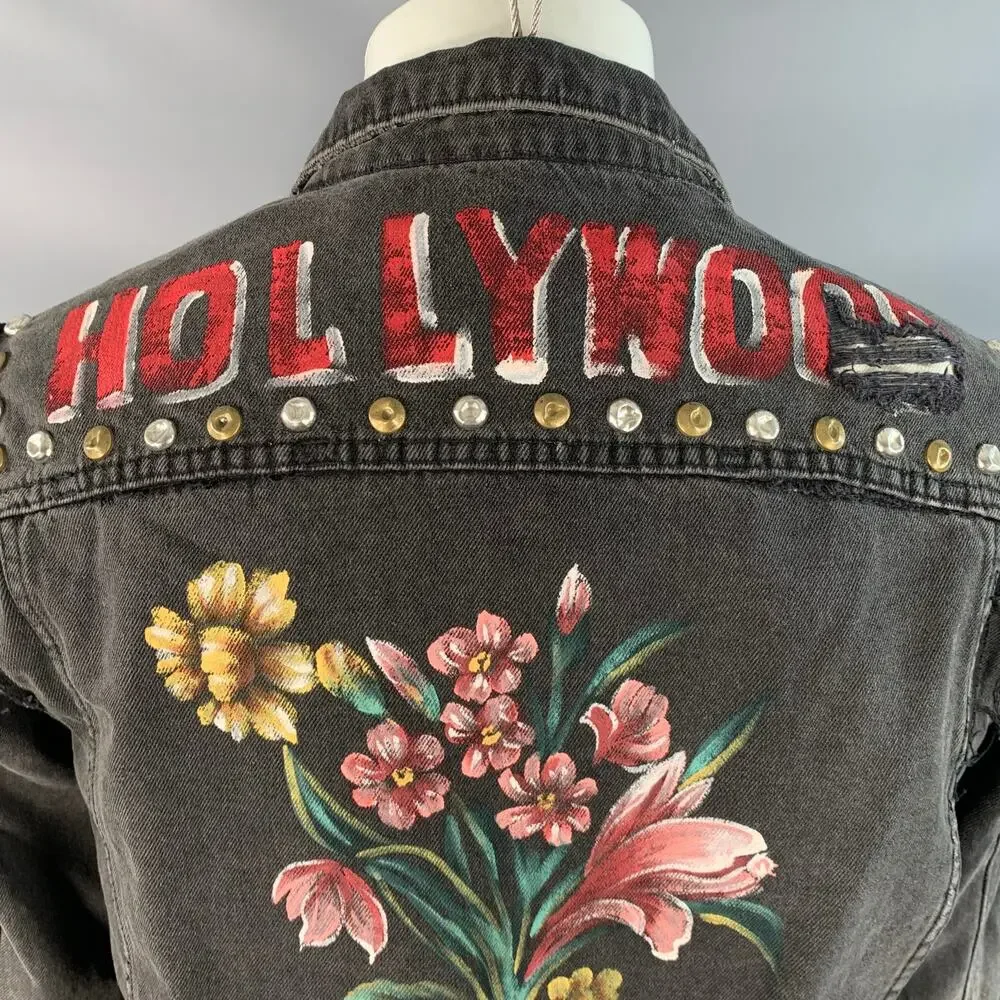 GUCCI Size M Hollywood Grey Painted Cotton Distressed Studded Denim Jacket
